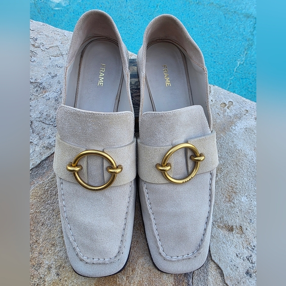 Frame Suede Loafers Horsebit Gold Hardware Beige EU 41 US 10 Slip On Flat - Picture 1 of 14